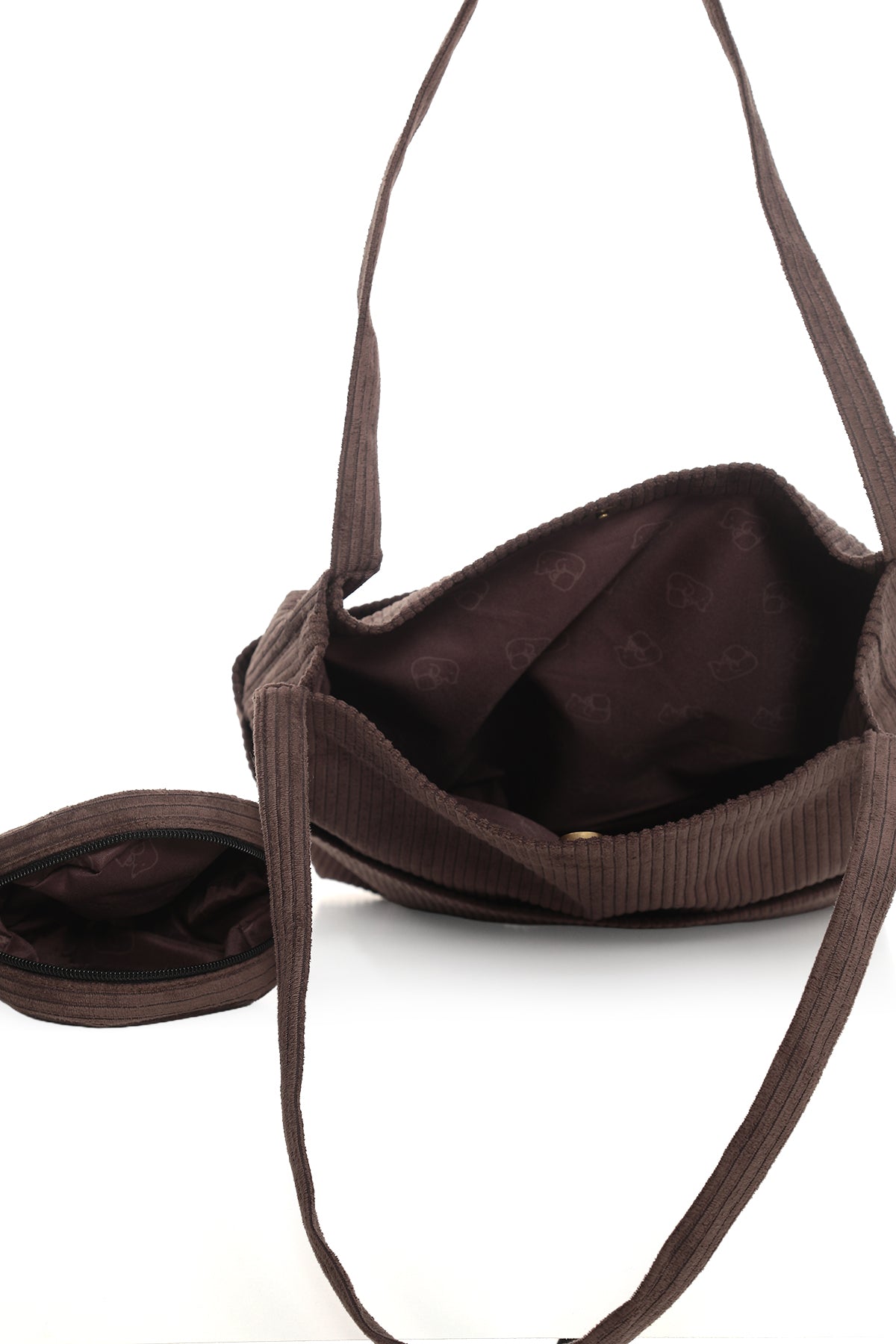 VELORA Kahverengi Fitilli Kadife 32x38cm Bez Çanta + Yuvarlak Mini Çantalı