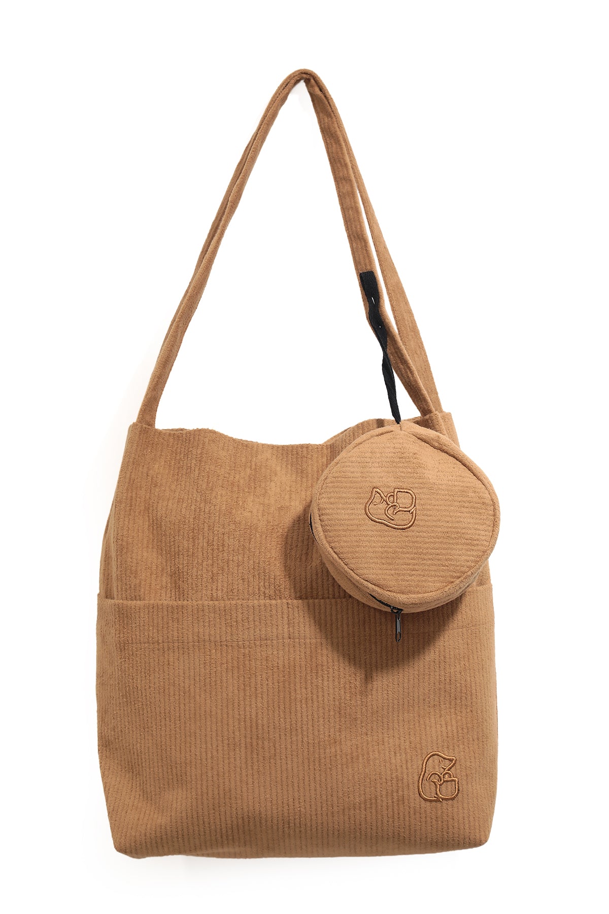 VELORA Camel Rengi Fitilli Kadife 32x38cm Bez Çanta + Yuvarlak Mini Çantalı