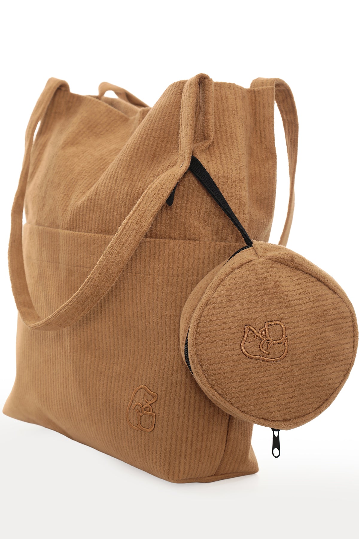 VELORA Camel Rengi Fitilli Kadife 32x38cm Bez Çanta + Yuvarlak Mini Çantalı