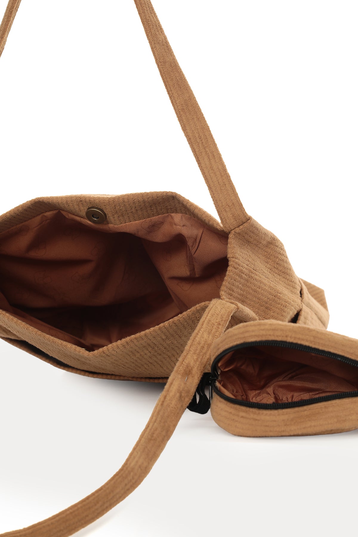 VELORA Camel Rengi Fitilli Kadife 32x38cm Bez Çanta + Yuvarlak Mini Çantalı