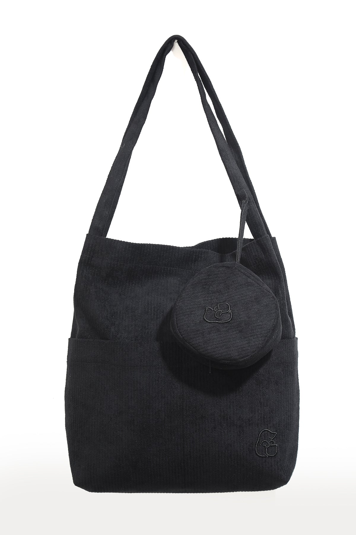 VELORA Siyah Fitilli Kadife 32x38cm Bez Çanta + Yuvarlak Mini Çantalı