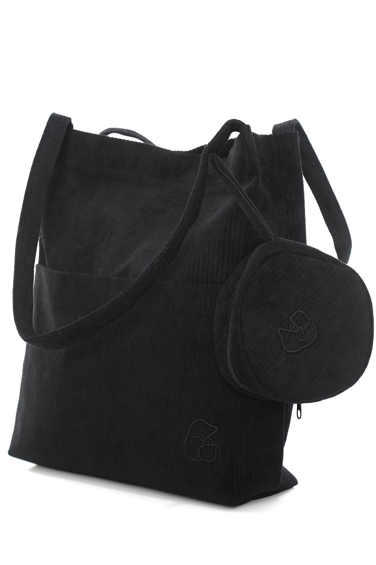 VELORA Siyah Fitilli Kadife 32x38cm Bez Çanta + Yuvarlak Mini Çantalı