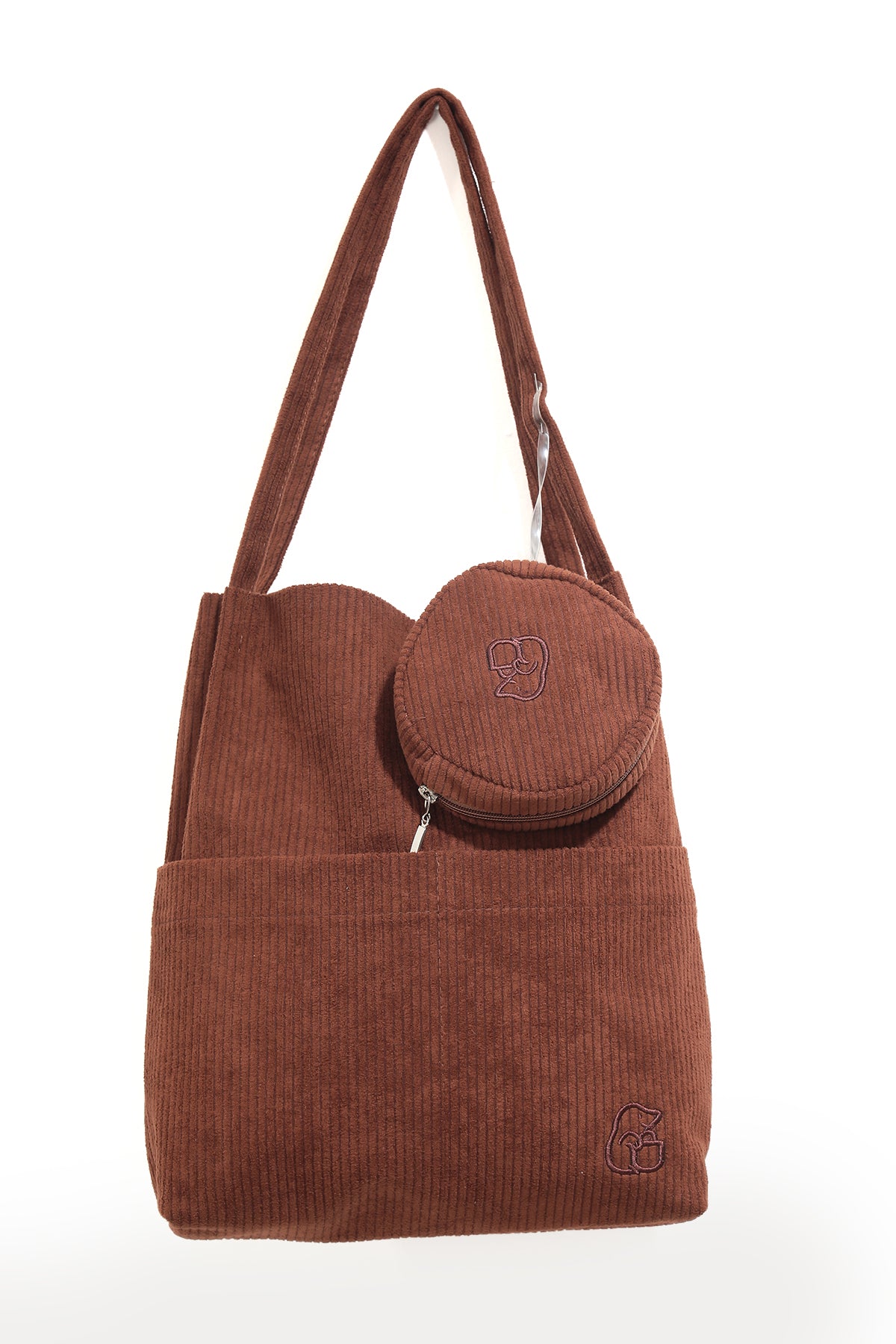 VELORA Toprak Rengi Fitilli Kadife 32x38cm Bez Çanta + Yuvarlak Mini Çantalı