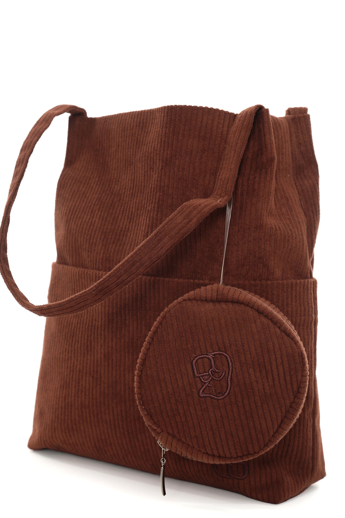 VELORA Toprak Rengi Fitilli Kadife 32x38cm Bez Çanta + Yuvarlak Mini Çantalı