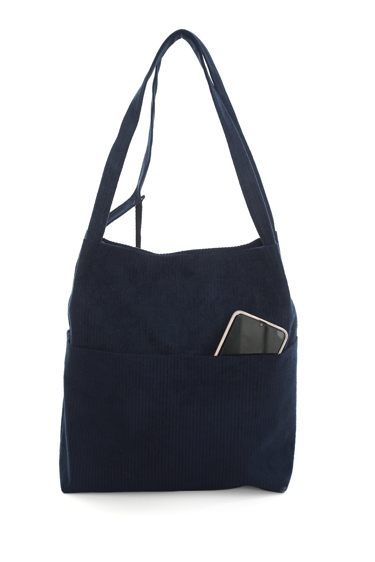VELORA Lacivert Fitilli Kadife 32x38cm Bez Çanta + Yuvarlak Mini Çantalı