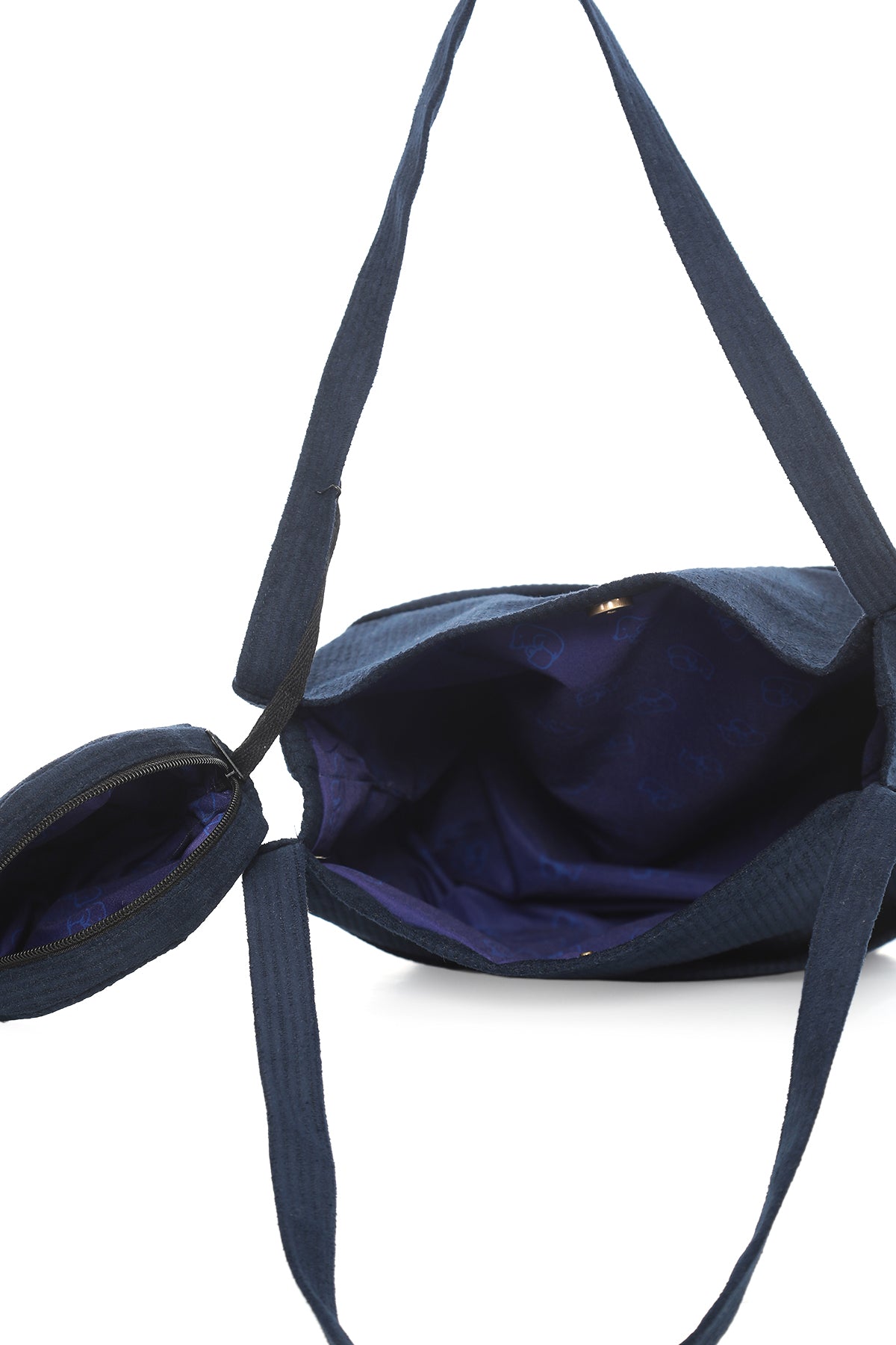 VELORA Lacivert Fitilli Kadife 32x38cm Bez Çanta + Yuvarlak Mini Çantalı
